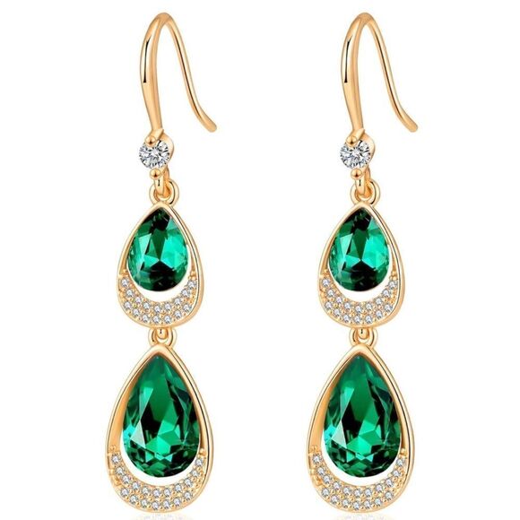 14K Yellow Gold with Emerald Green Austrian Crystal Double Teardrop Earrings